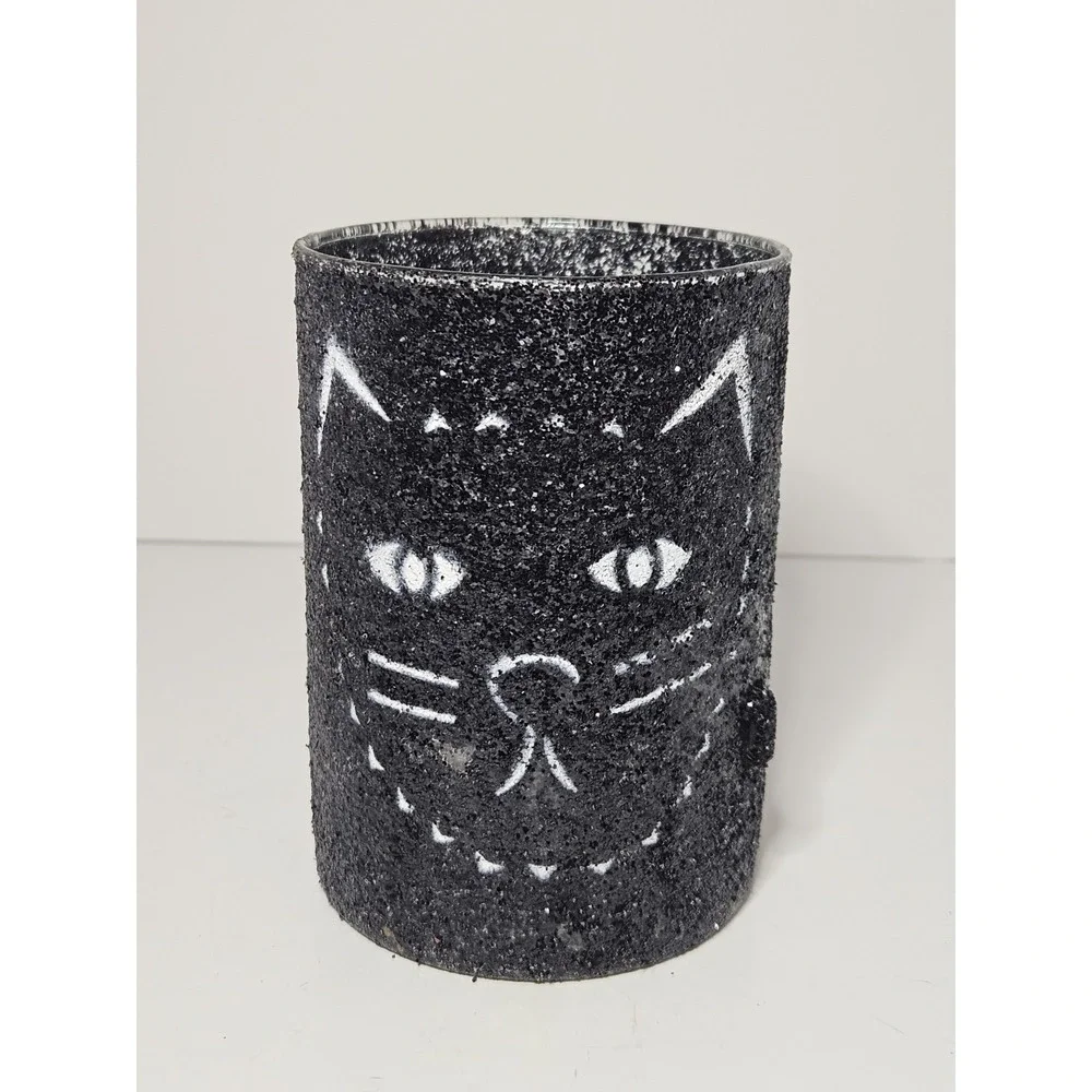 LGD Inc Halloween Black Cat Glitter Candle Holder Glass Cylinder Vase Luminary